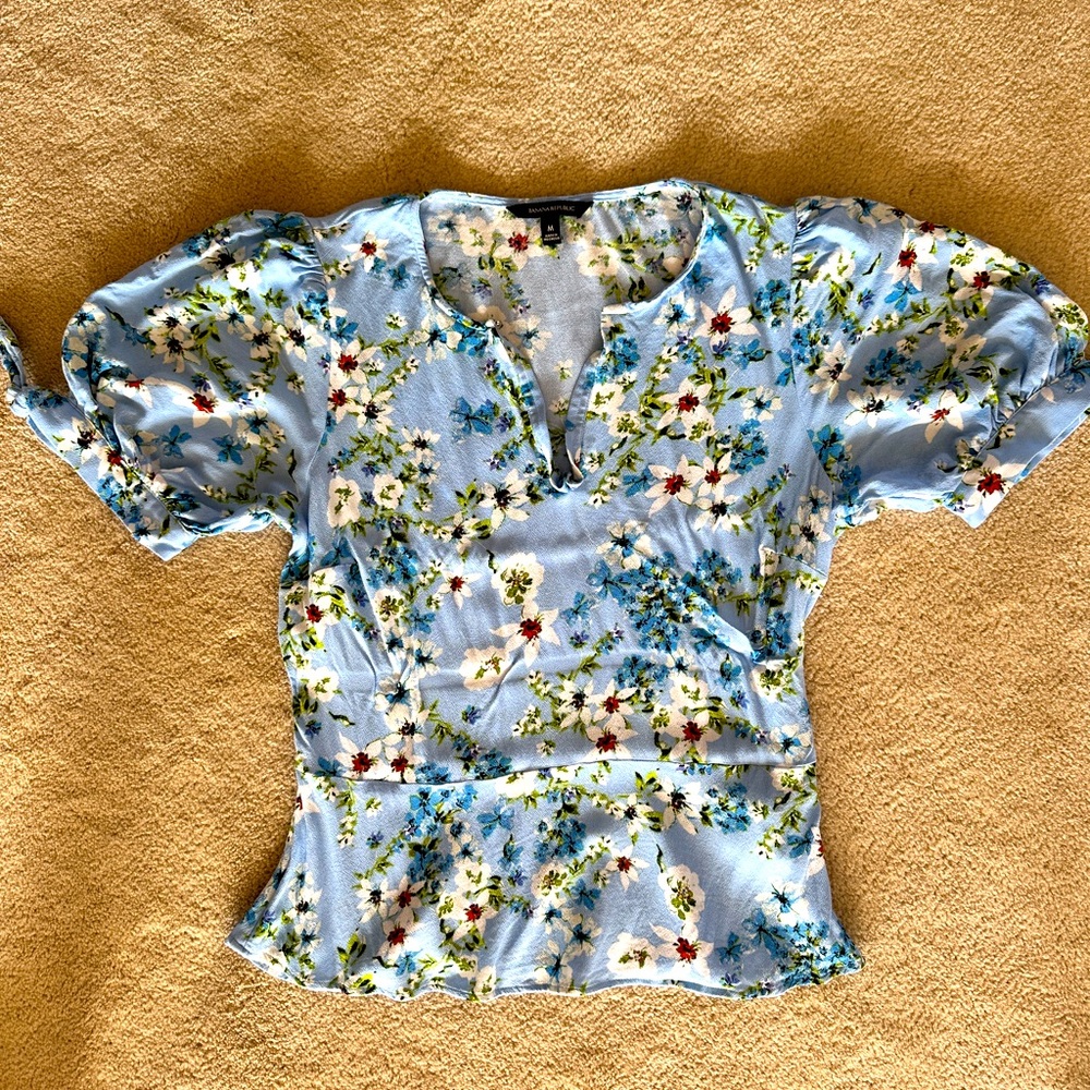 Banana Republic Light Blue Floral V-Neck Blouse